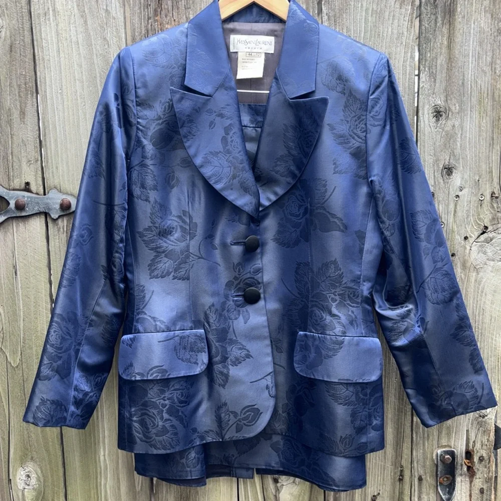 DESIGNER Vintage Yves Saint Laurent Suit Jacket Skirt Blue Brocade Women’s 12 - Picture 1 of 10